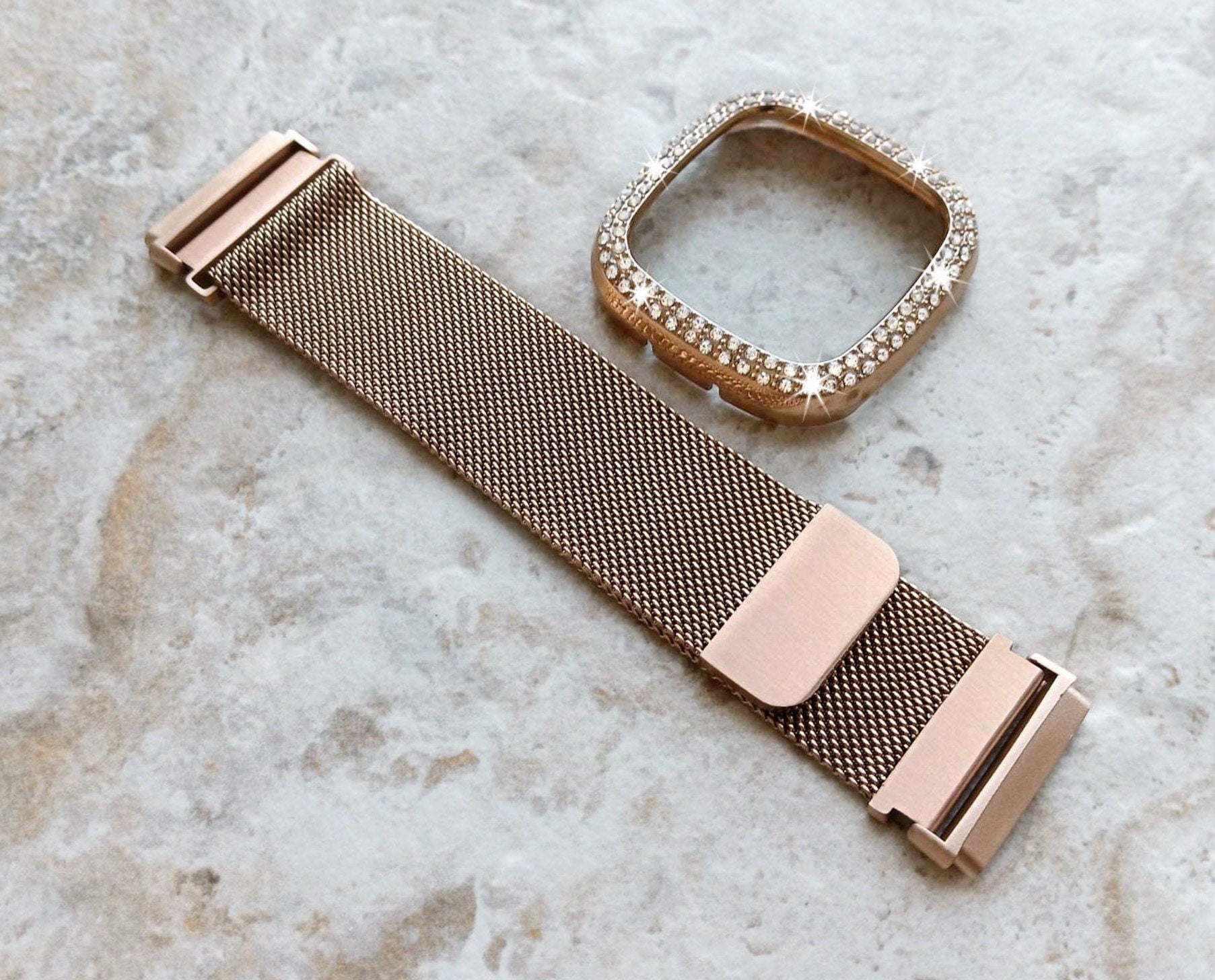 Fitbit Watch Rose Gold Color Band Set Crystal Bezel Bling Case Cover for Versa 2 3 4 Sense 1 2 Smartwatches Milanese Strap Protective Frame